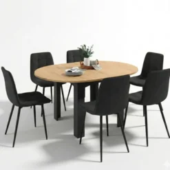 Table à manger extensible ronde 4-8 personnes noire plateau façon hêtre 110-150 cm