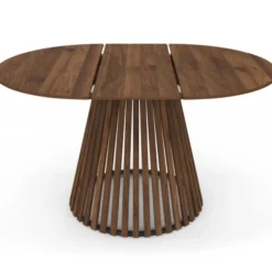 Table à manger extensible ronde 4-8 personnes pied noyer en lattes et plateau noyer 110 - 150 cm