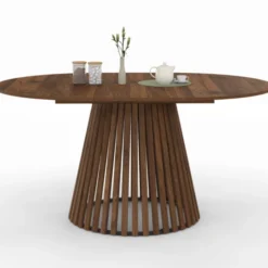 Table à manger extensible ronde 4-8 personnes pied noyer en lattes et plateau noyer 110 - 150 cm