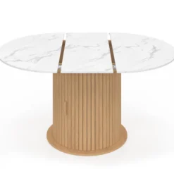 Table à manger extensible ronde 4-8 personnes pied lattes avec rangement et plateau effet marbre blanc 110-150 cm