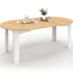 Table à manger extensible ronde 4-10 personnes blanche plateau façon hêtre 110-200 cm