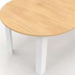 Table à manger extensible ronde 4-10 personnes blanche plateau façon hêtre 110-200 cm