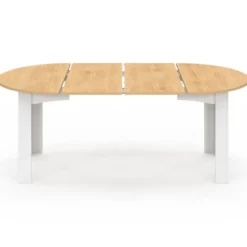 Table à manger extensible ronde 4-10 personnes blanche plateau façon hêtre 110-200 cm