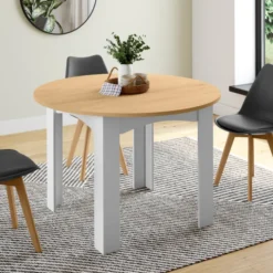 Table à manger extensible ronde 4-10 personnes blanche plateau façon hêtre 110-200 cm