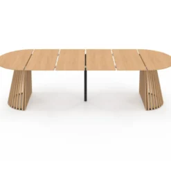 Table à manger extensible ronde 4-12 personnes pied bois en lattes et plateau bois 110-300 cm