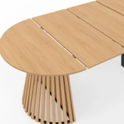 Table à manger extensible ronde 4-12 personnes pied bois en lattes et plateau bois 110-300 cm