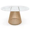 Table à manger extensible ronde 4-8 personnes pied bois en lattes et plateau marbre blanc 110 - 150 cm