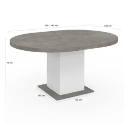 Table à manger extensible ronde 4-8 personnes béton et blanc 120-160 cm