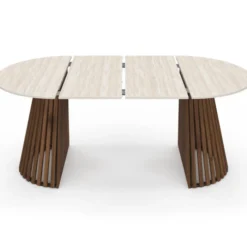 Table à manger extensible ronde 4-10 personnes pied noyer en lattes et plateau effet travertin 110-200 cm