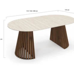Table à manger extensible ronde 4-10 personnes pied noyer en lattes et plateau effet travertin 110-200 cm