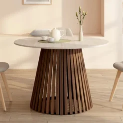 Table à manger extensible ronde 4-10 personnes pied noyer en lattes et plateau effet travertin 110-200 cm