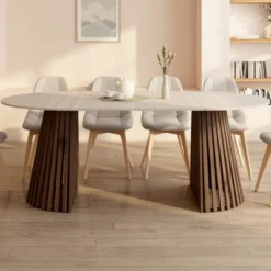 Table à manger extensible ronde 4-10 personnes pied noyer en lattes et plateau effet travertin 110-200 cm