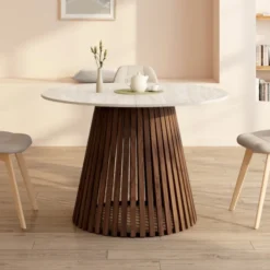 Table à manger extensible ronde 4-8 personnes pied noyer en lattes et plateau effet travertin 110 - 150 cm