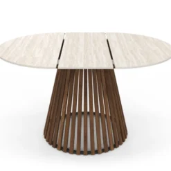 Table à manger extensible ronde 4-8 personnes pied noyer en lattes et plateau effet travertin 110 - 150 cm