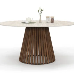 Table à manger extensible ronde 4-8 personnes pied noyer en lattes et plateau effet travertin 110 - 150 cm