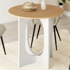 Table à manger fixe ronde 4 personnes pied arc blanc et bois 80 cm