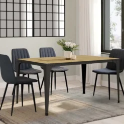 Table à manger industrielle bois et noir 8 personnes