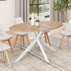 Table à manger ovale 150 cm 8 personnes plateau bois et pied araignée métal blanc