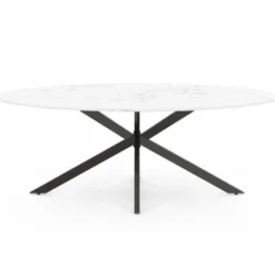 Table à manger ovale métal noir et plateau effet marbre blanc