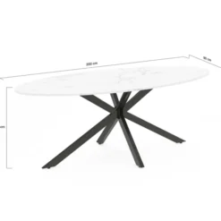 Table à manger ovale métal noir et plateau effet marbre blanc