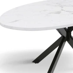 Table à manger ovale métal noir et plateau effet marbre blanc