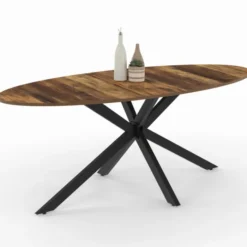 Table à manger ovale 10 personnes 200 cm pied araignée noir et plateau bois foncé