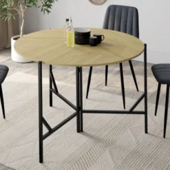 Table à manger pliante ronde 4 personnes 110 cm bois et noir style industriel
