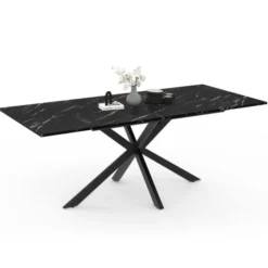Table à manger rectangulaire extensible métal et effet marbre noir 160-200 cm