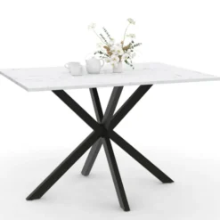 Table à manger rectangulaire effet marbre blanc pied araignée métal noir