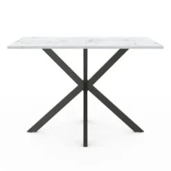 Table à manger rectangulaire effet marbre blanc pied araignée métal noir