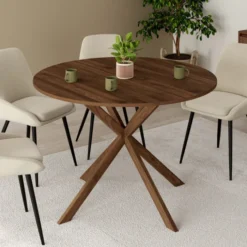 Table à manger ronde ALIX 6 personnes pied araignée noyer 110 cm