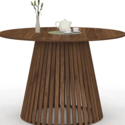 Table à manger ronde CARMEN 6 personnes pied noyer en lattes et plateau noyer 110 cm