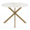 Table à manger ronde 110 cm 6 personnes avec plateau effet marbre doré et pied araignée en laiton