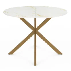 Table à manger ronde 110 cm 6 personnes avec plateau effet marbre doré et pied araignée en laiton