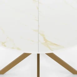 Table à manger ronde 110 cm 6 personnes avec plateau effet marbre doré et pied araignée en laiton