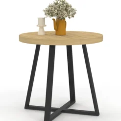 Table à manger ronde 80 cm 4 personnes en bois et pieds noirs style industriel