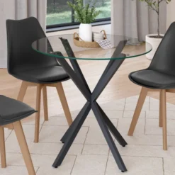 Table à manger ronde 80 cm 4 personnes pied araignée noir et plateau verre