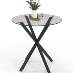 Table à manger ronde 80 cm 4 personnes pied araignée noir et plateau verre