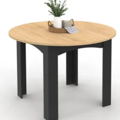 Table à manger ronde 110 cm 4-6 personnes noire plateau façon hêtre
