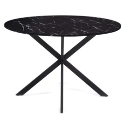 Table à manger ronde effet marbre noir pied araignée métal noir