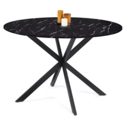 Table à manger ronde effet marbre noir pied araignée métal noir