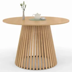 Table à manger ronde en bois 6 personnes pied en lattes plateau bois