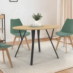 Table à manger ronde extensible 110-150 cm 4-8 personnes bois et noir design industriel