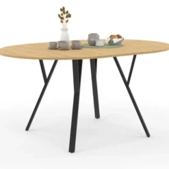 Table à manger ronde extensible 110-150 cm 4-8 personnes bois et noir design industriel