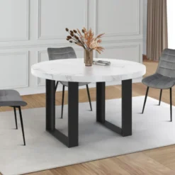Table à manger ronde extensible de 110-150 cm pour 4 à 6 personnes à l’effet marbre