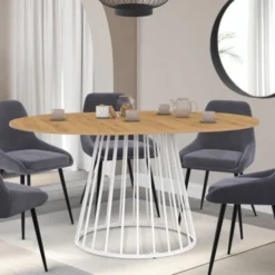 Table à manger ronde extensible 110-150 cm 4-8 personnes plateau bois et pied filaire métal blanc