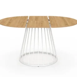 Table à manger ronde extensible 110-150 cm 4-8 personnes plateau bois et pied filaire métal blanc