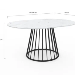 Table à manger ronde extensible 110-150 cm 4-8 personnes plateau effet marbre blanc et pied filaire métal noir