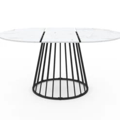 Table à manger ronde extensible 110-150 cm 4-8 personnes plateau effet marbre blanc et pied filaire métal noir