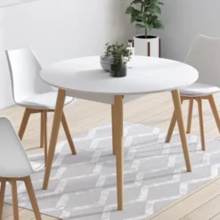 Table à manger ronde extensible 4-8 personnes blanc pied bois 110-150 cm